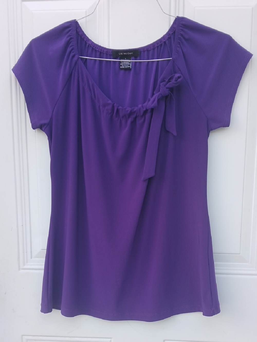 Liz Claiborne Purple Short-Sleeve Tie-Neck Blouse